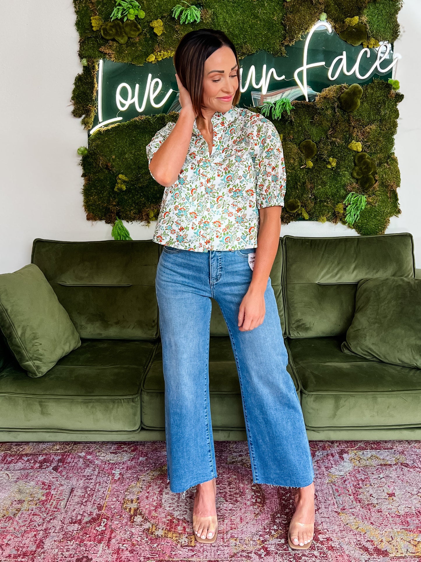 Turquoise Multi Floral Cropped Button Down Top