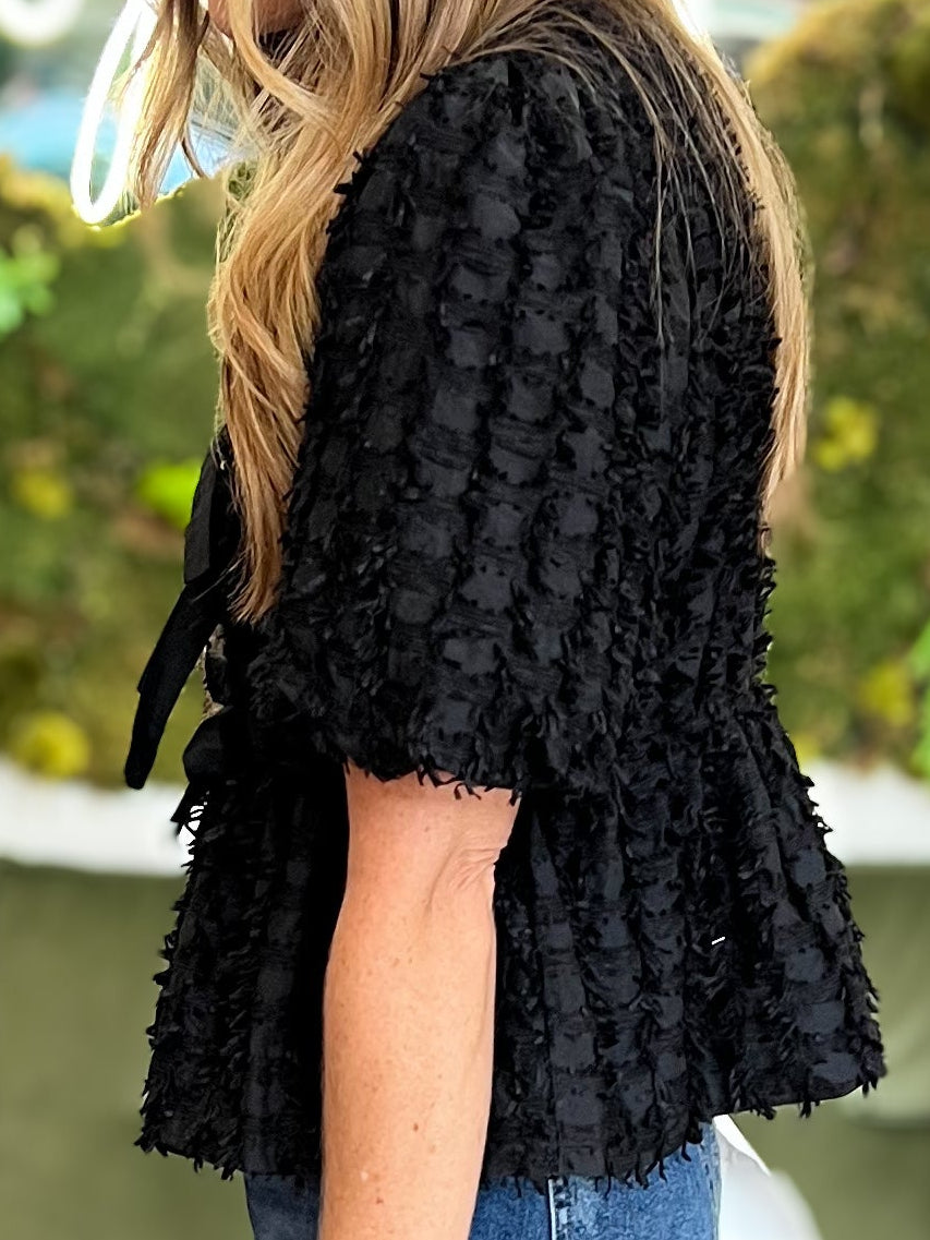 Black Fringe Tie Front Top