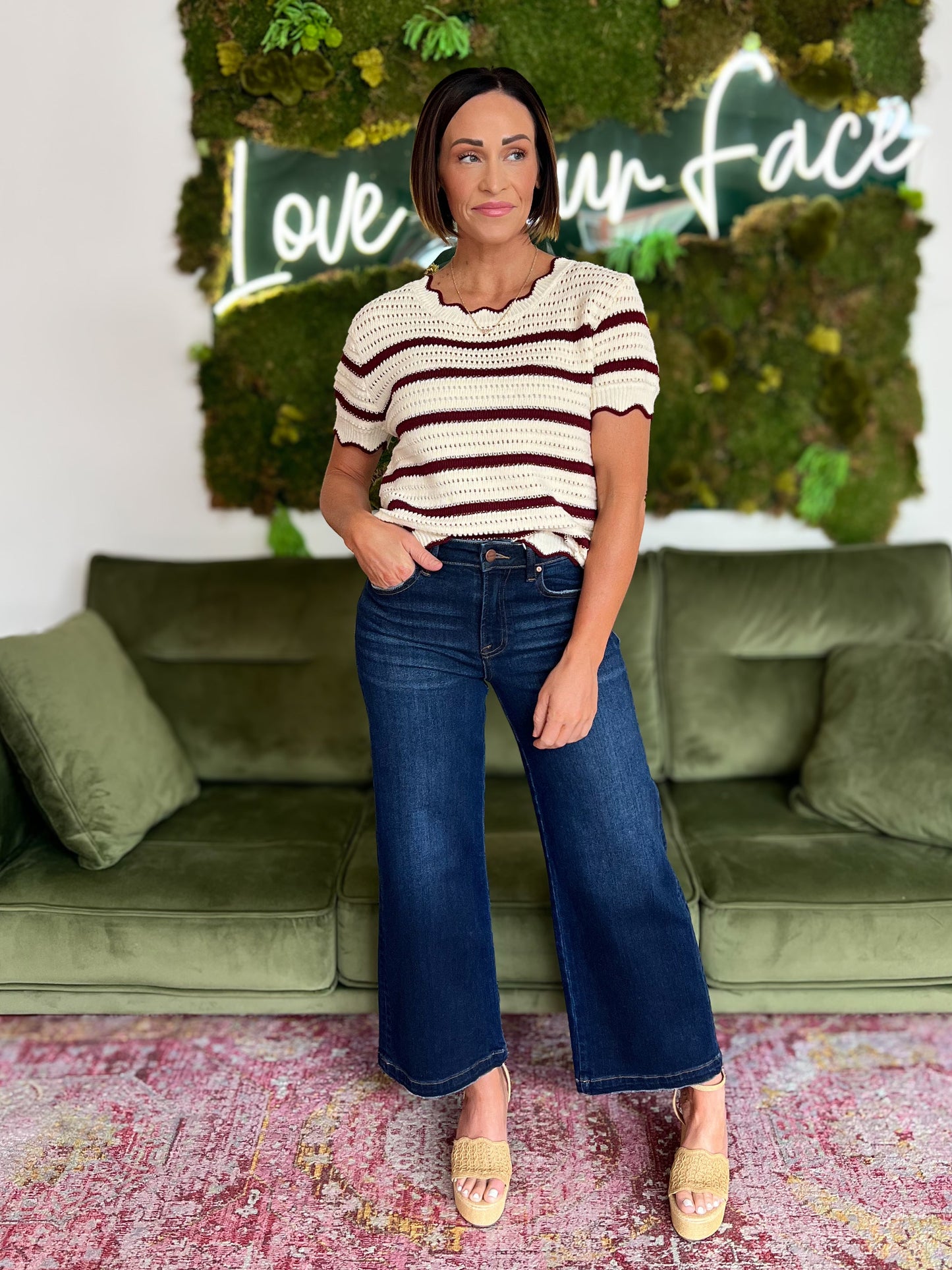Burgundy Striped Scalloped Edge Short Sleeve Sweater