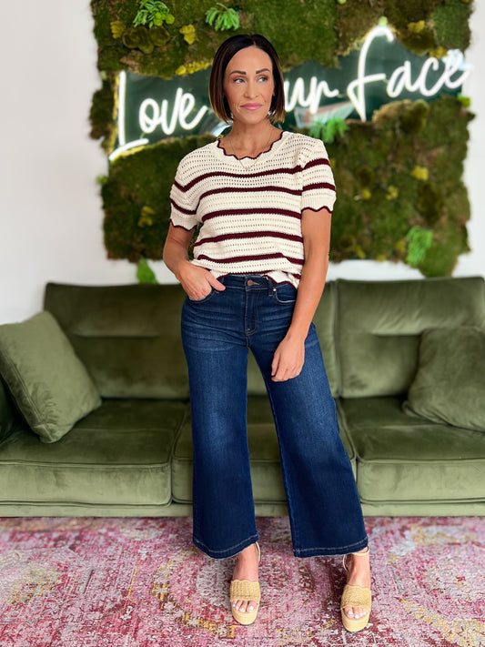 Burgundy Striped Scalloped Edge Short Sleeve Sweater