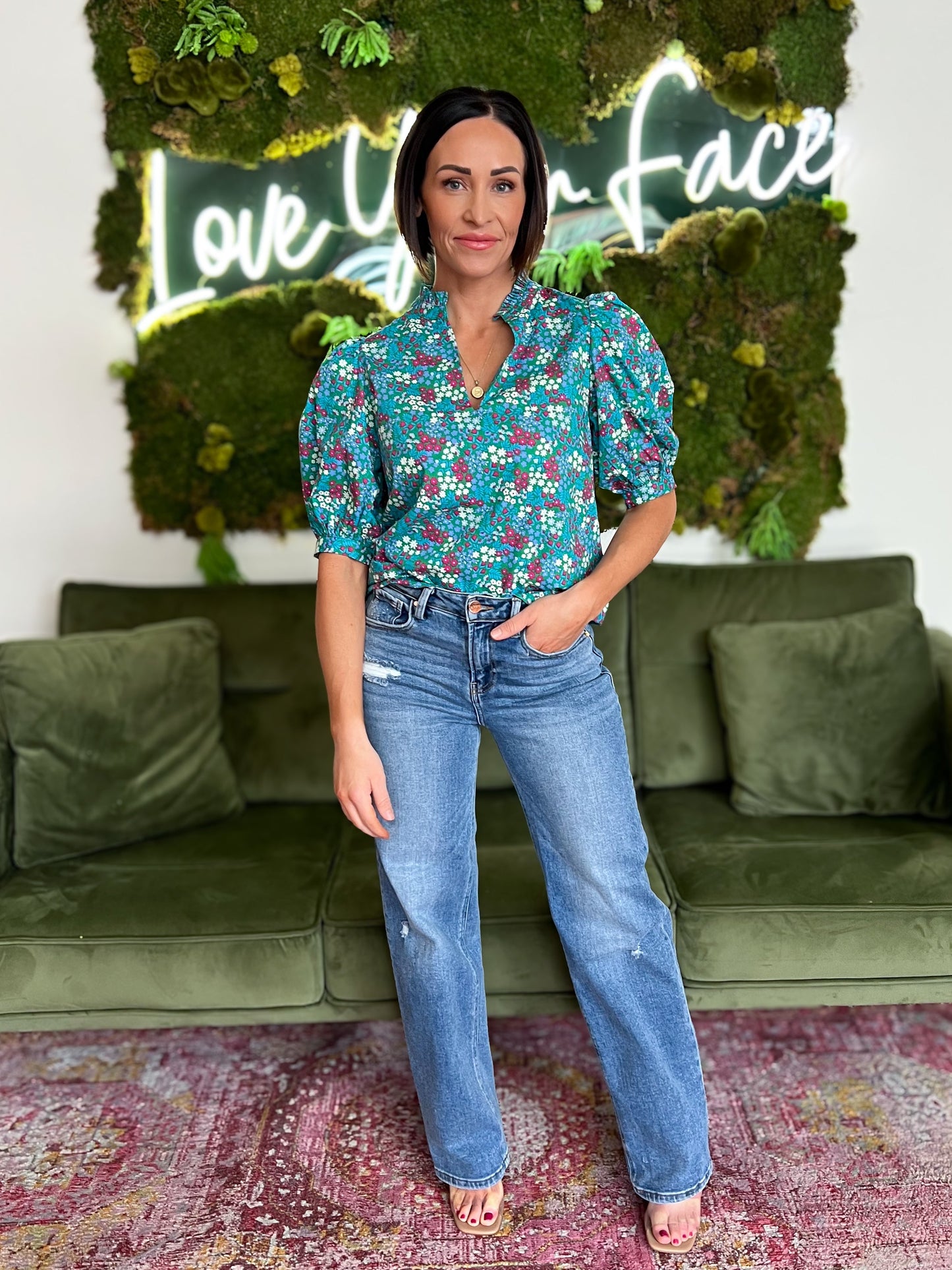 Green/ Blues Floral Puff Sleeve Top