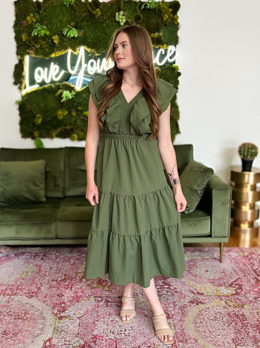 Olive Textured Flutter Sleeve Maxi