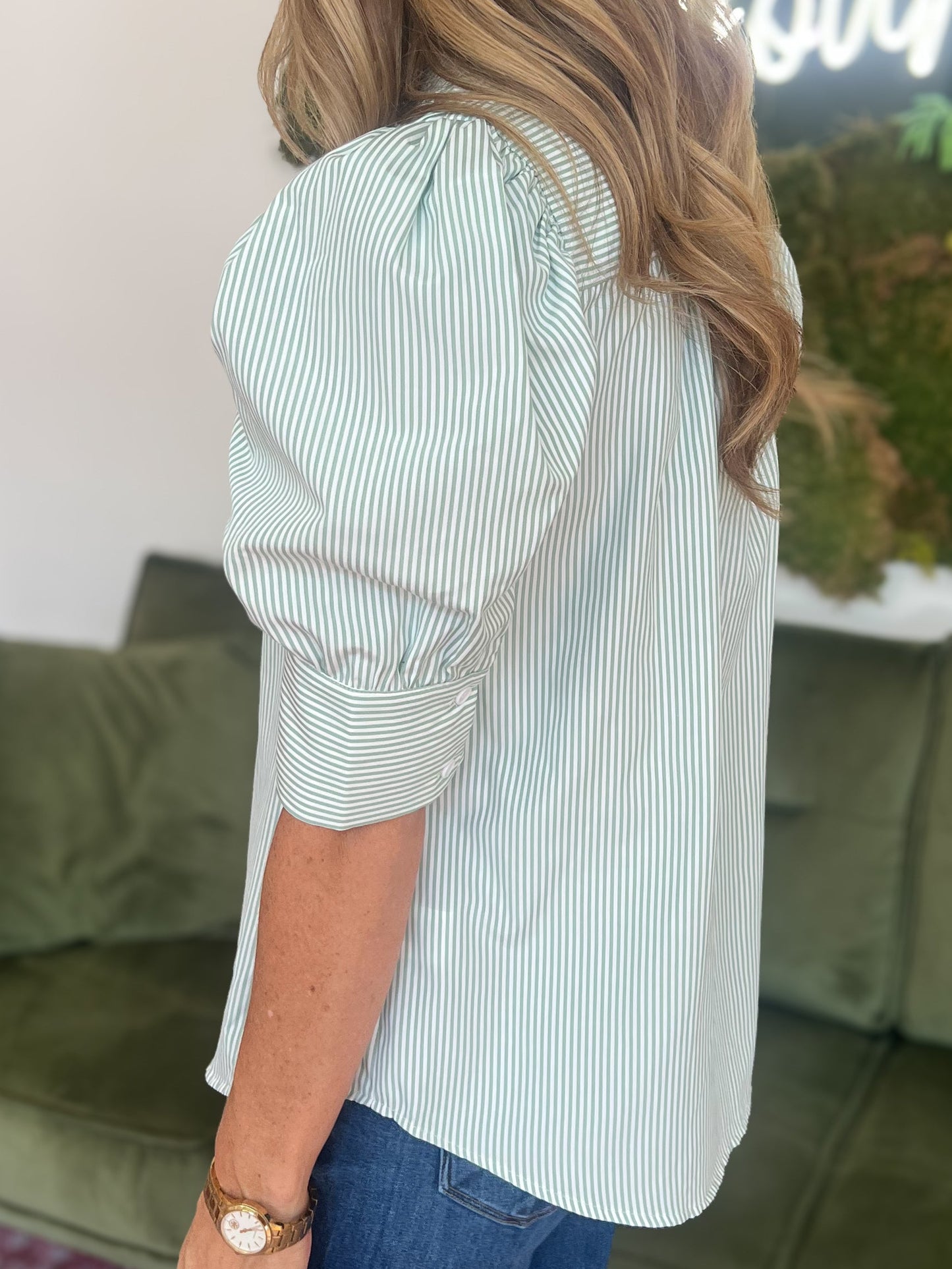 Green Striped Short Puff Sleeve Top