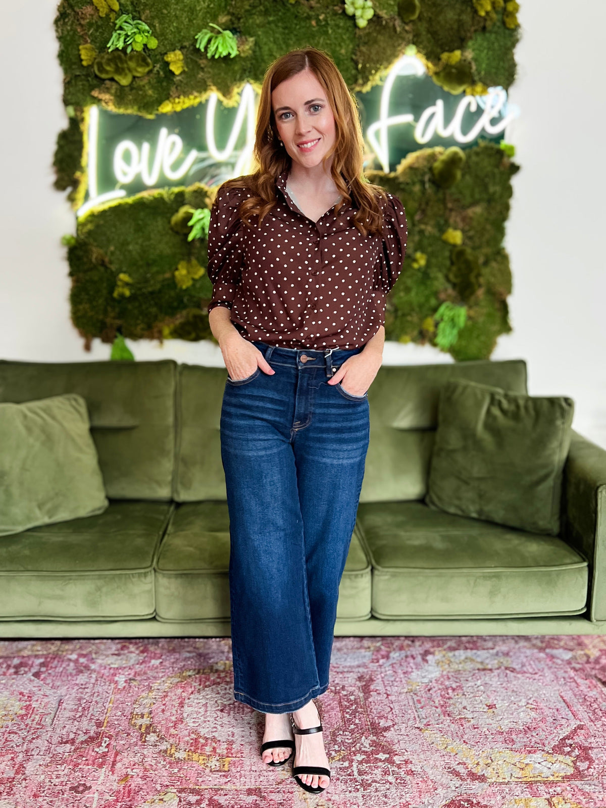 Brown Collared Short Puff Sleeve Swiss Dot Top