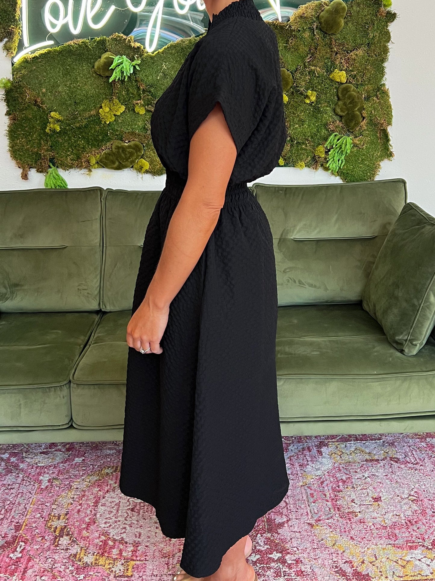 Black Textured Split Neck Midi Dress