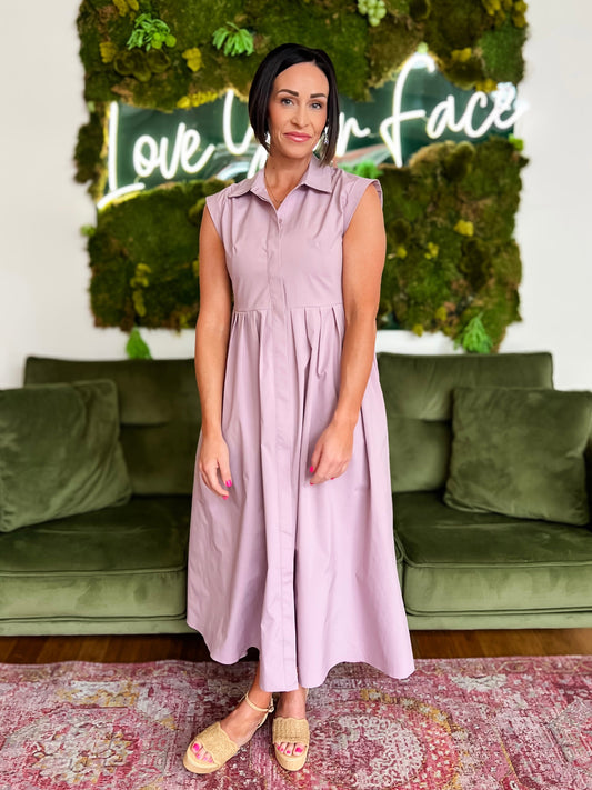 Lavender Pleated Maxi Shirtdress