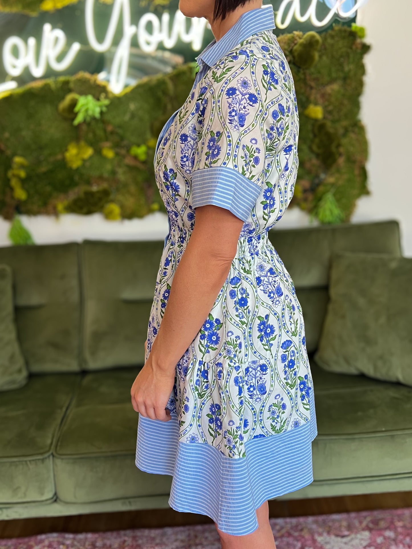 Blue Floral Print Button Down Mini Dress
