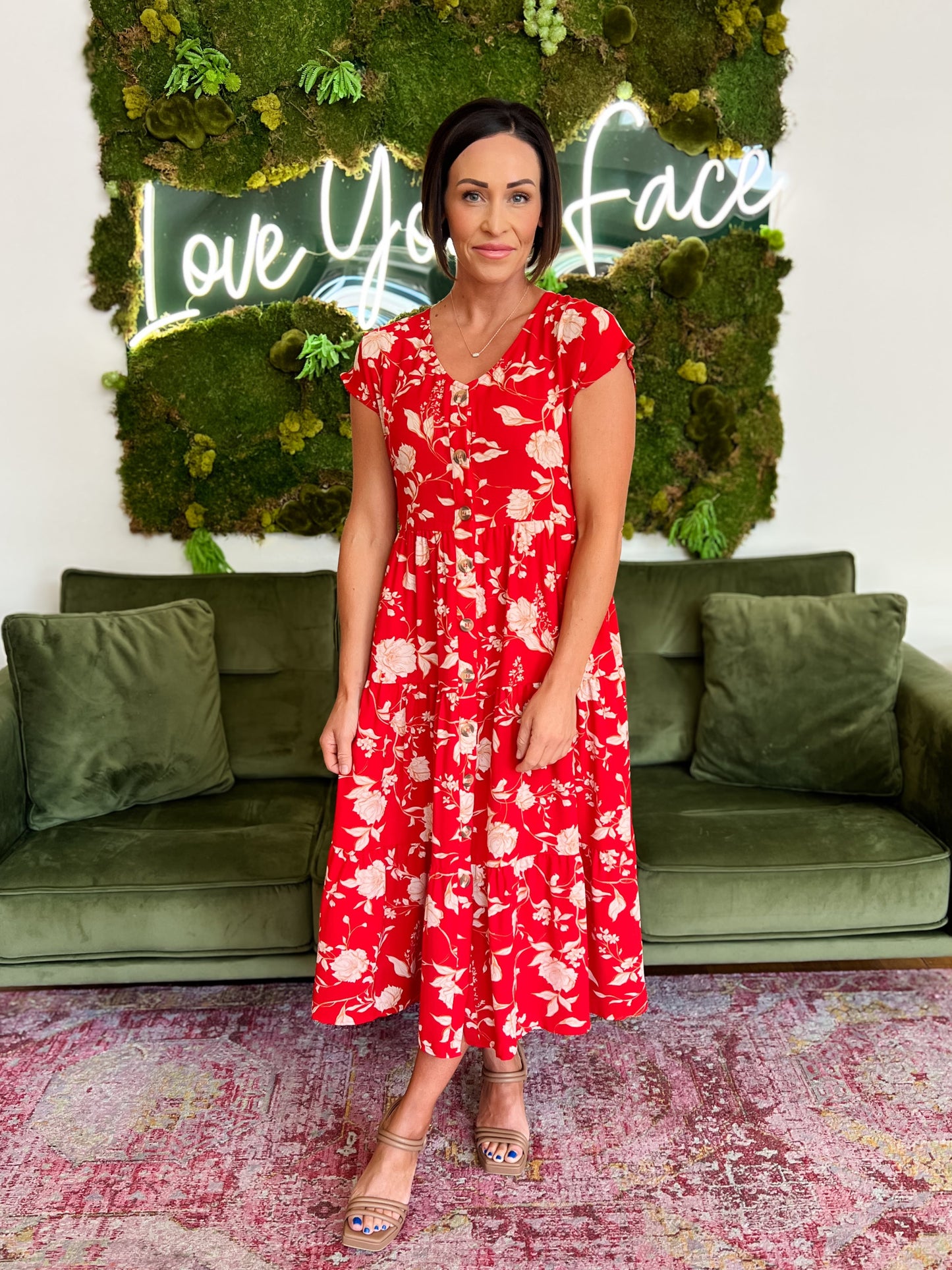Red Floral Button Down Midi Dress