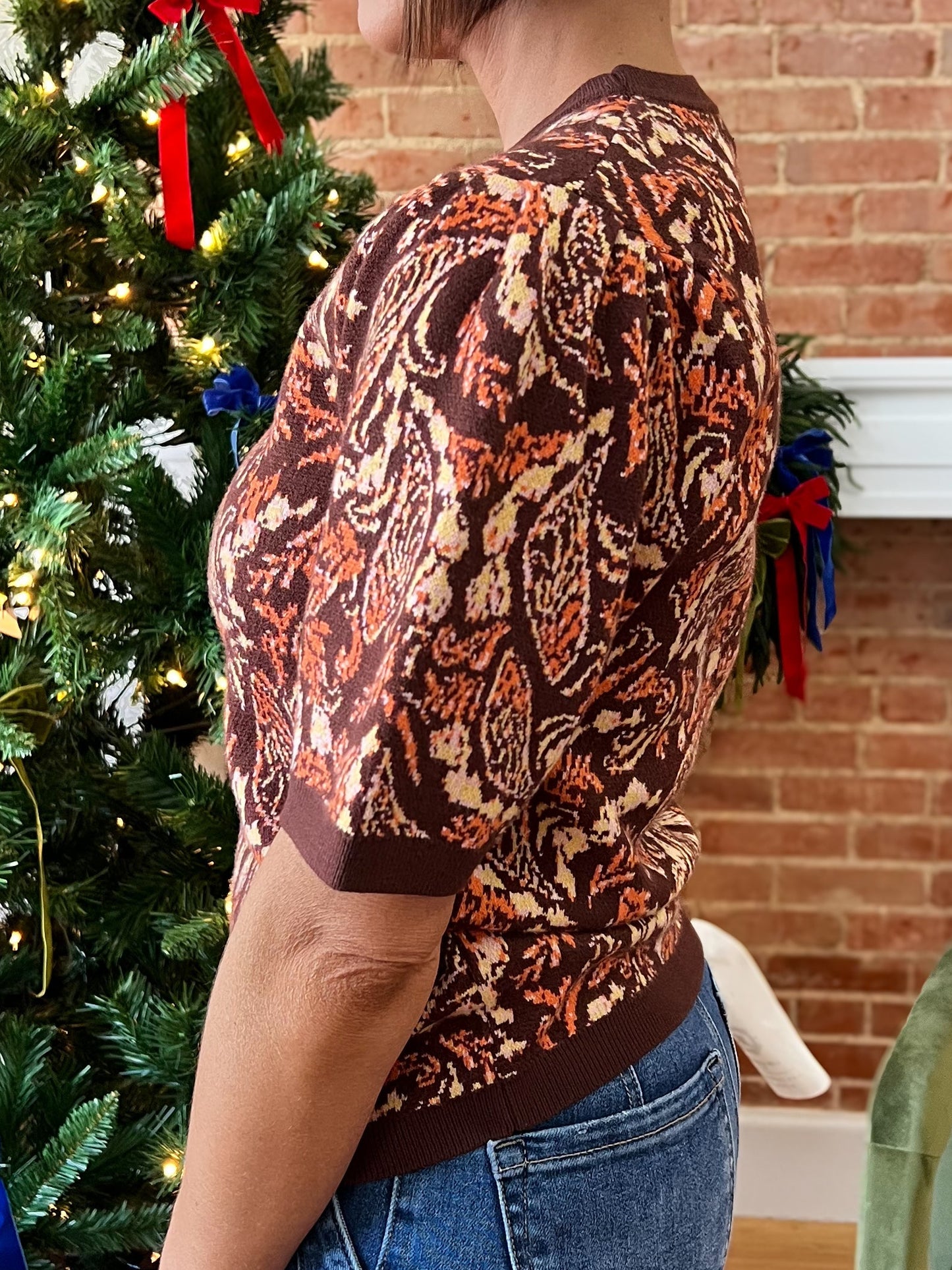 Brown Multi Paisley Pattern Short Sleeve Sweater