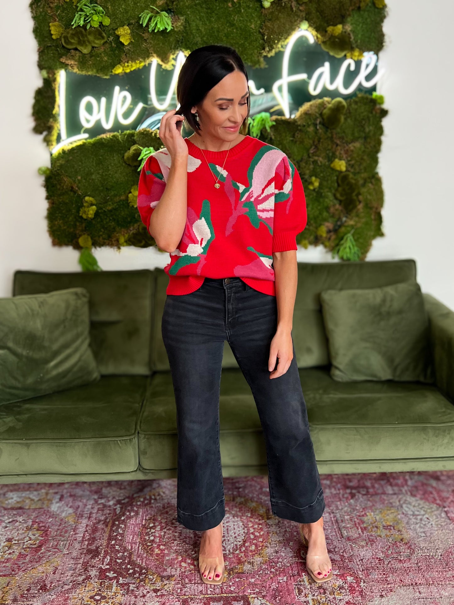 Red Floral Short Puff Sleeve Sweater