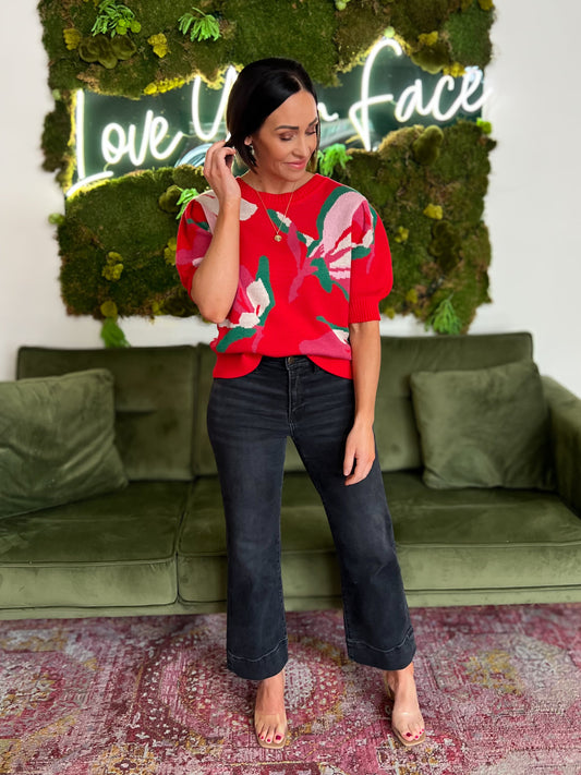 Red Floral Short Puff Sleeve Sweater