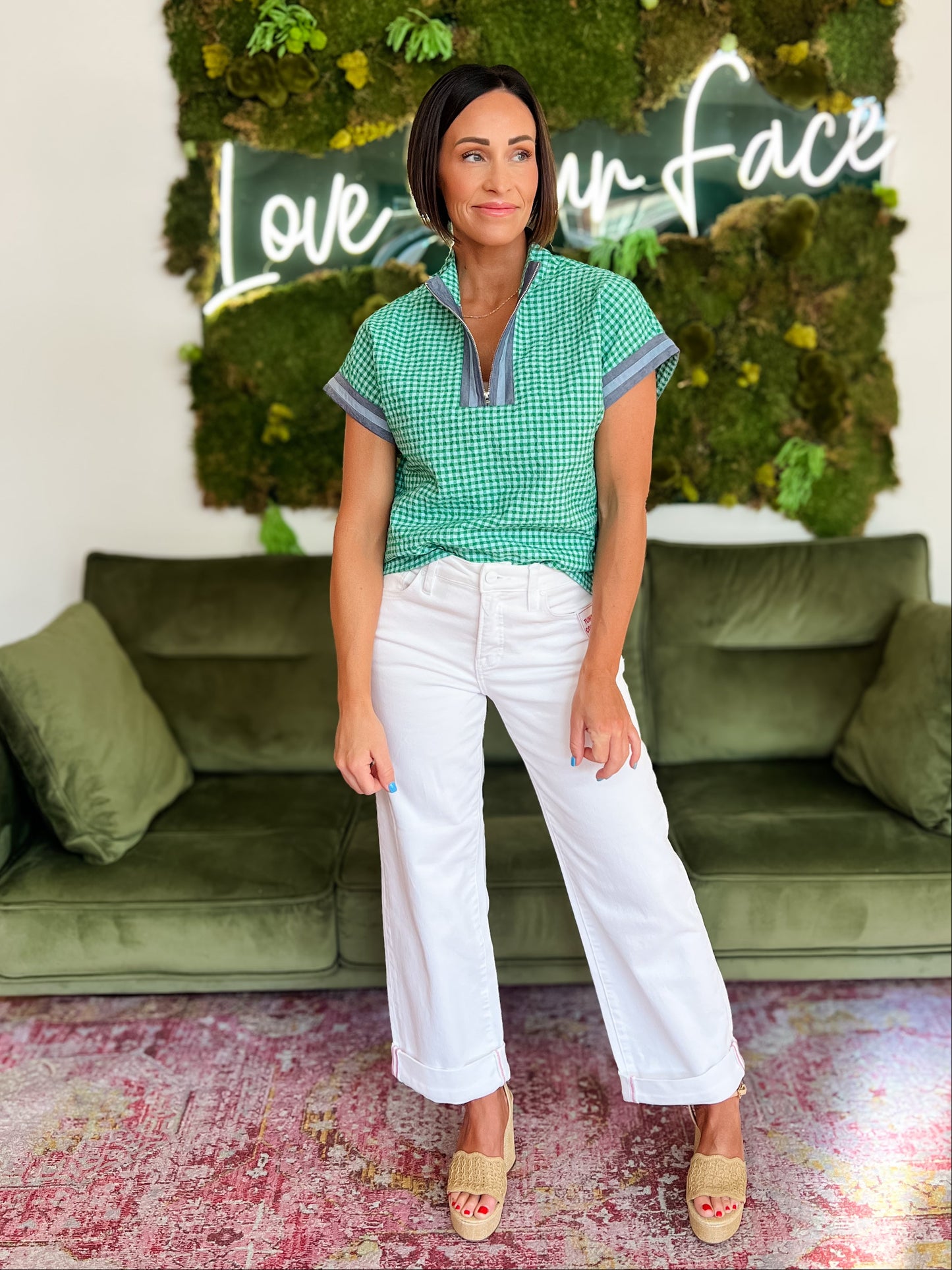 Green Short Sleeve Gingham Top