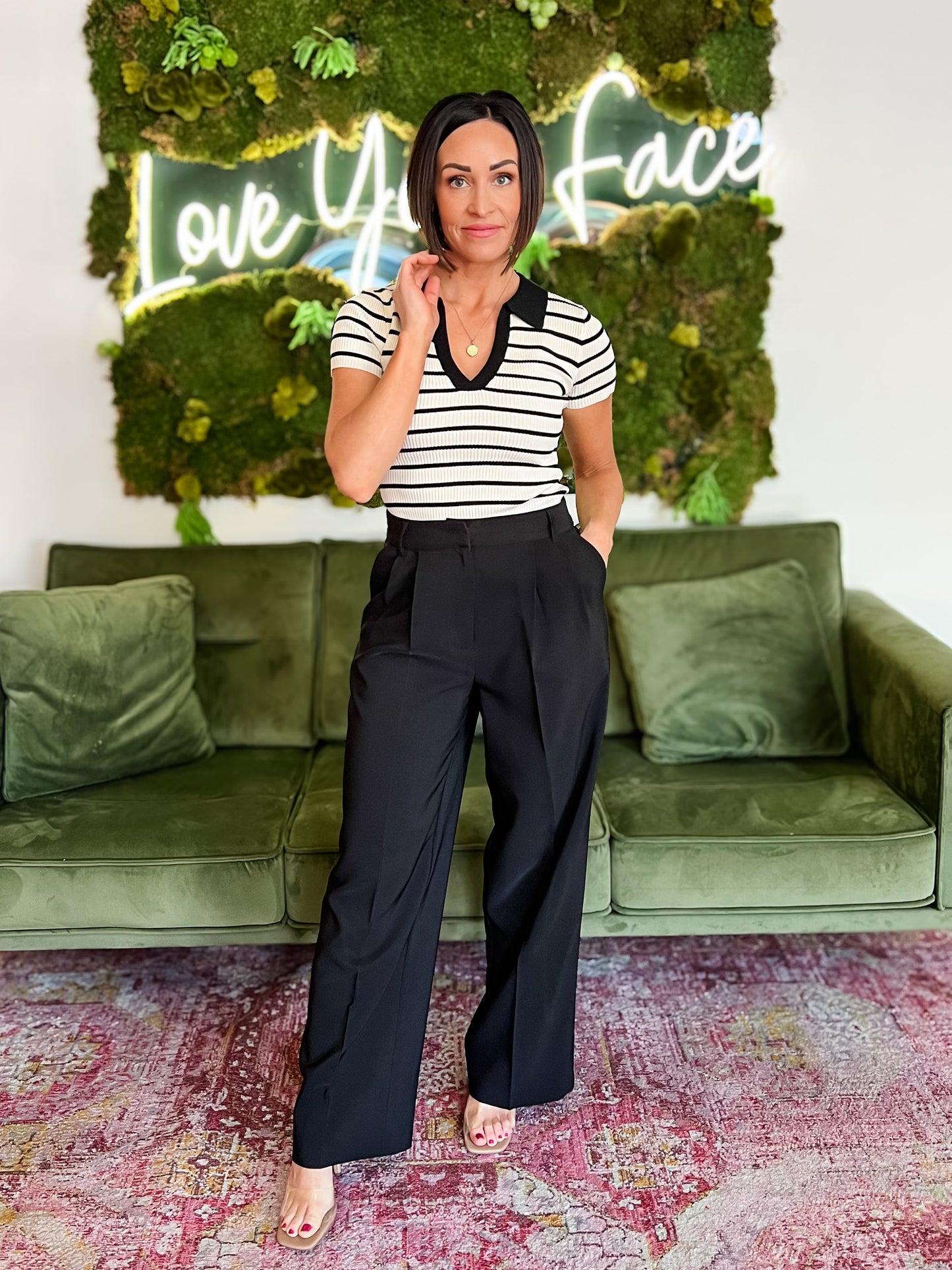 Ivory/ Black Striped Collared Short Sleeve Knit Top