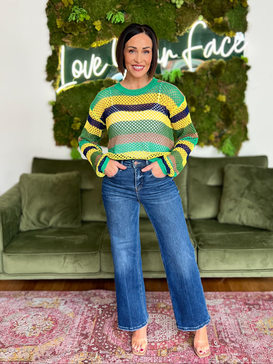Green Multi Striped Fishnet Sweater