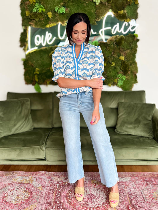 Sky Blue Print Contrast Trim Blouse