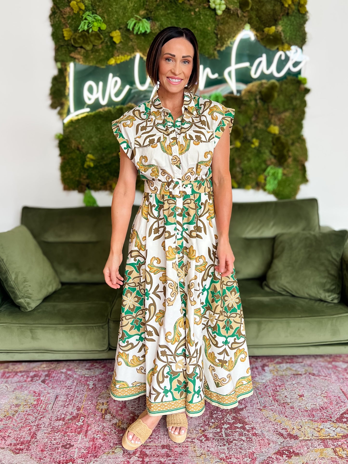 Ivory/ Olive Print Belted Midi Dress