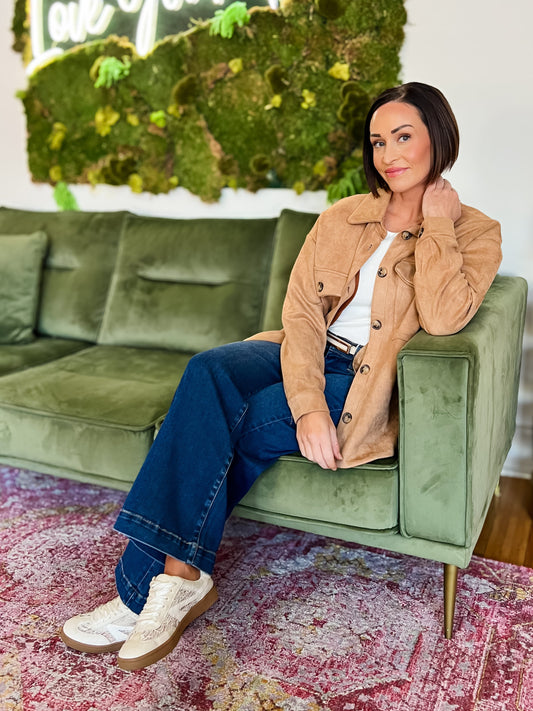 Camel Suede Button Up Shirt Jacket