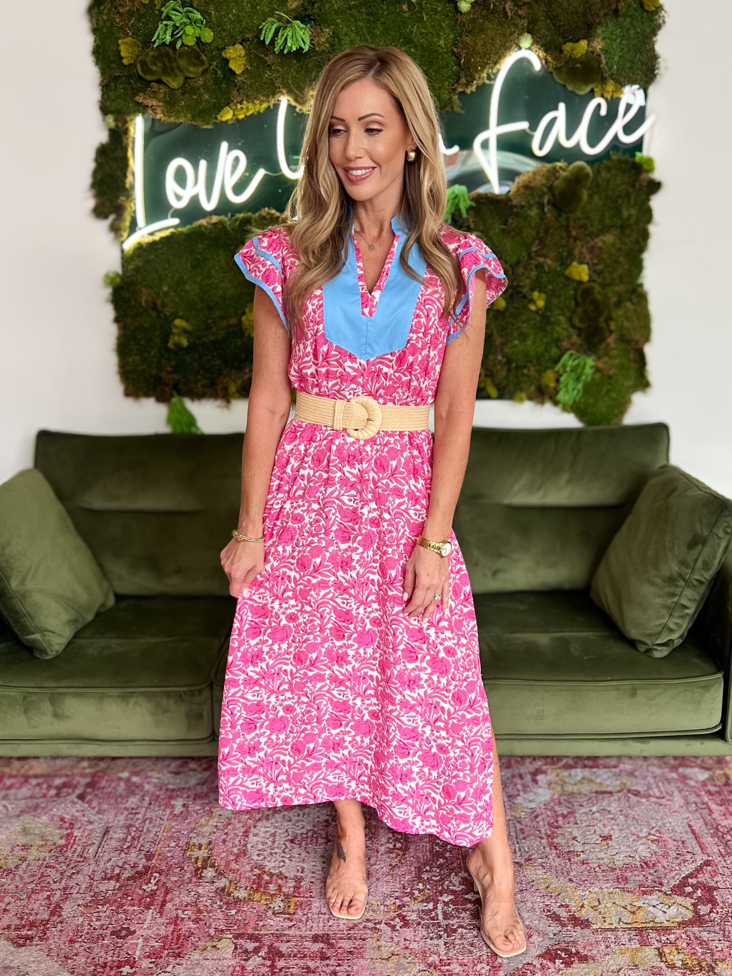 Pink Floral Short Sleeve Midi Dress