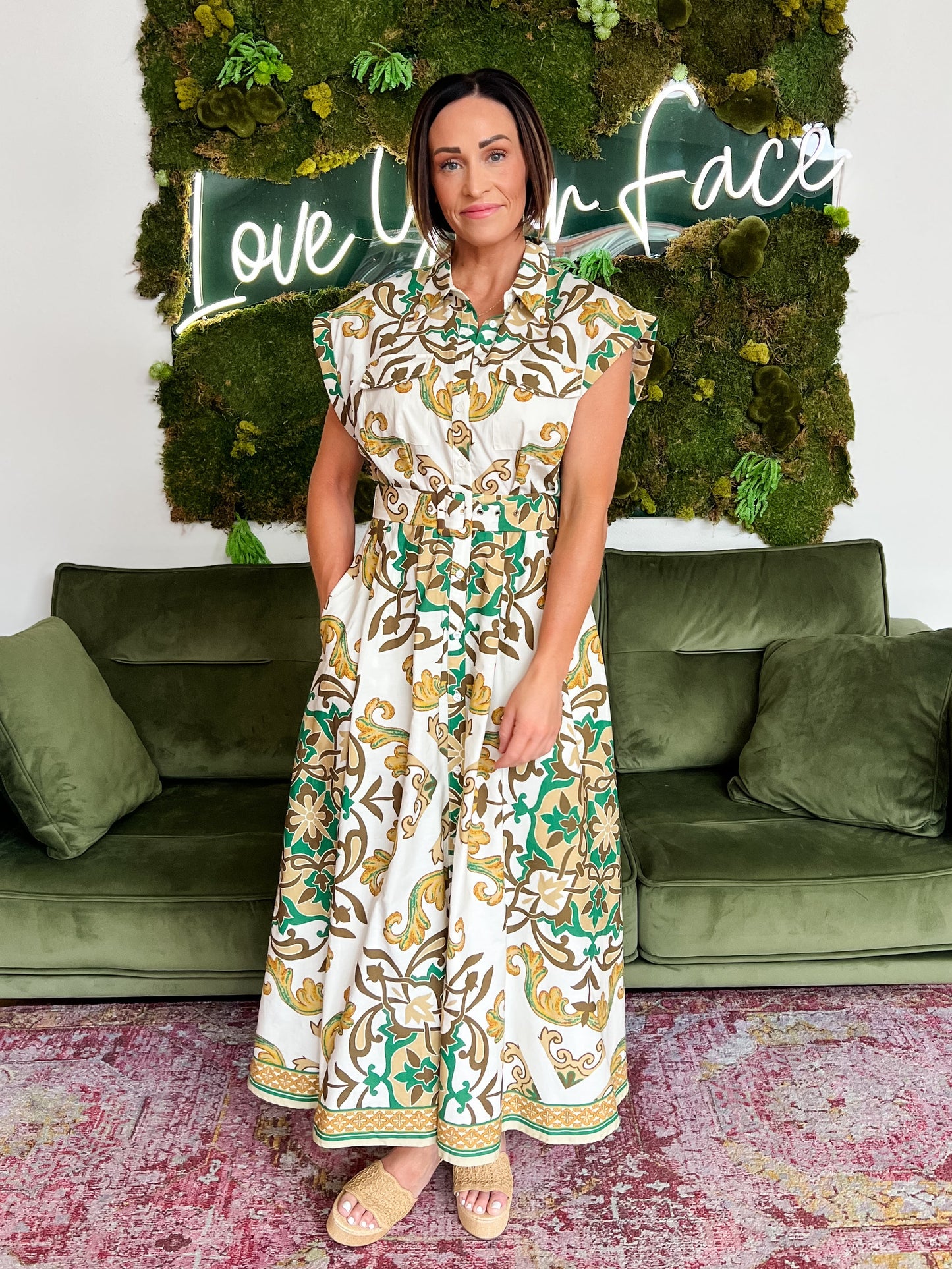 Ivory/ Olive Print Belted Midi Dress