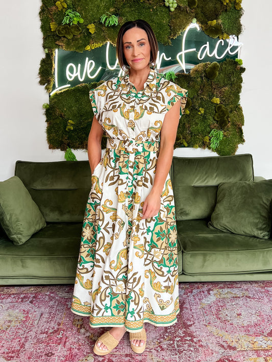 Ivory/ Olive Print Belted Midi Dress