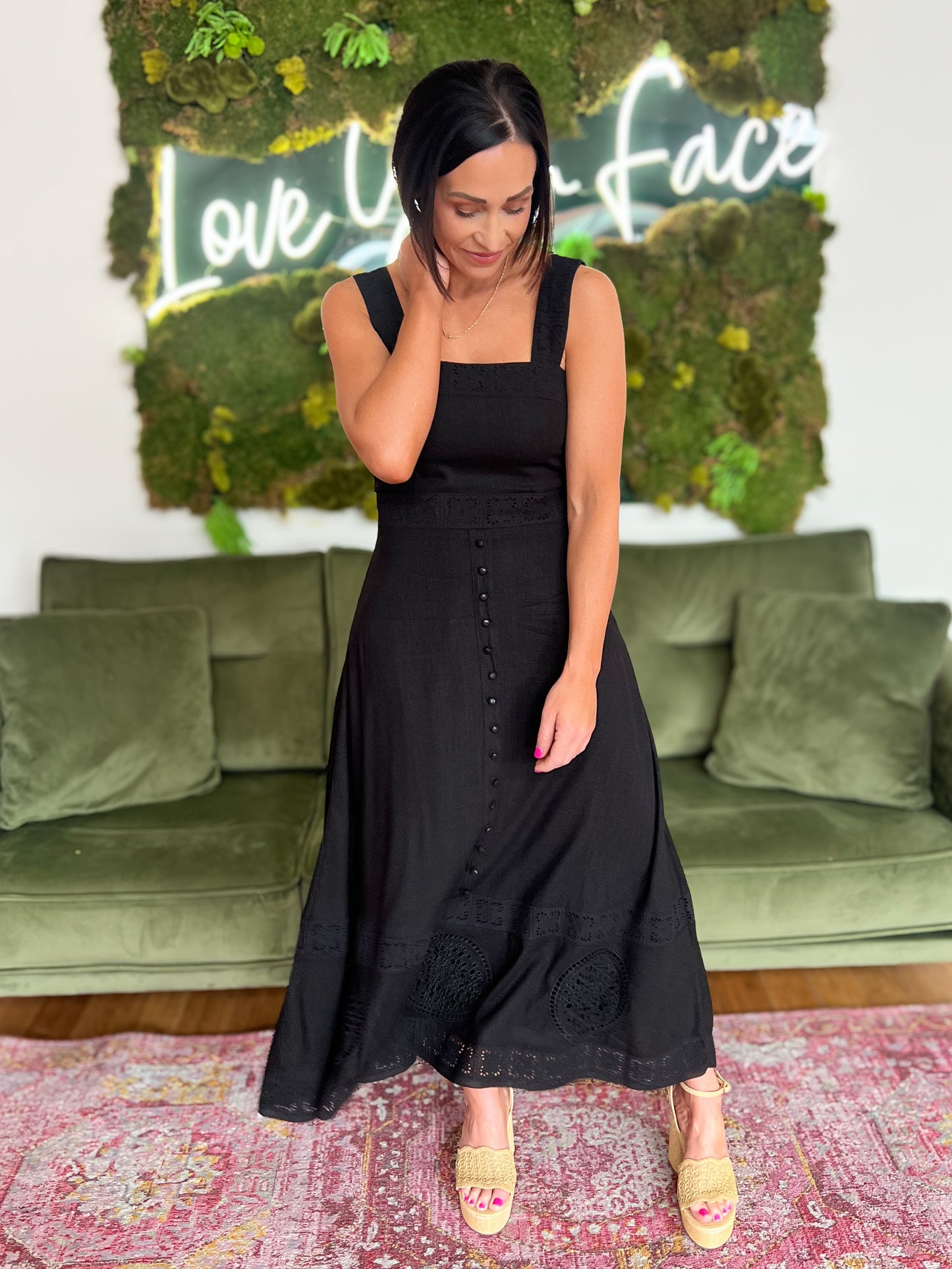 Embroidered Lace Empire Waist Linen Blend Midi Dress
