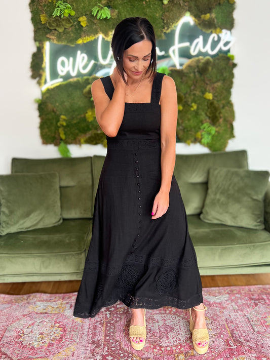 Embroidered Lace Empire Waist Linen Blend Midi Dress