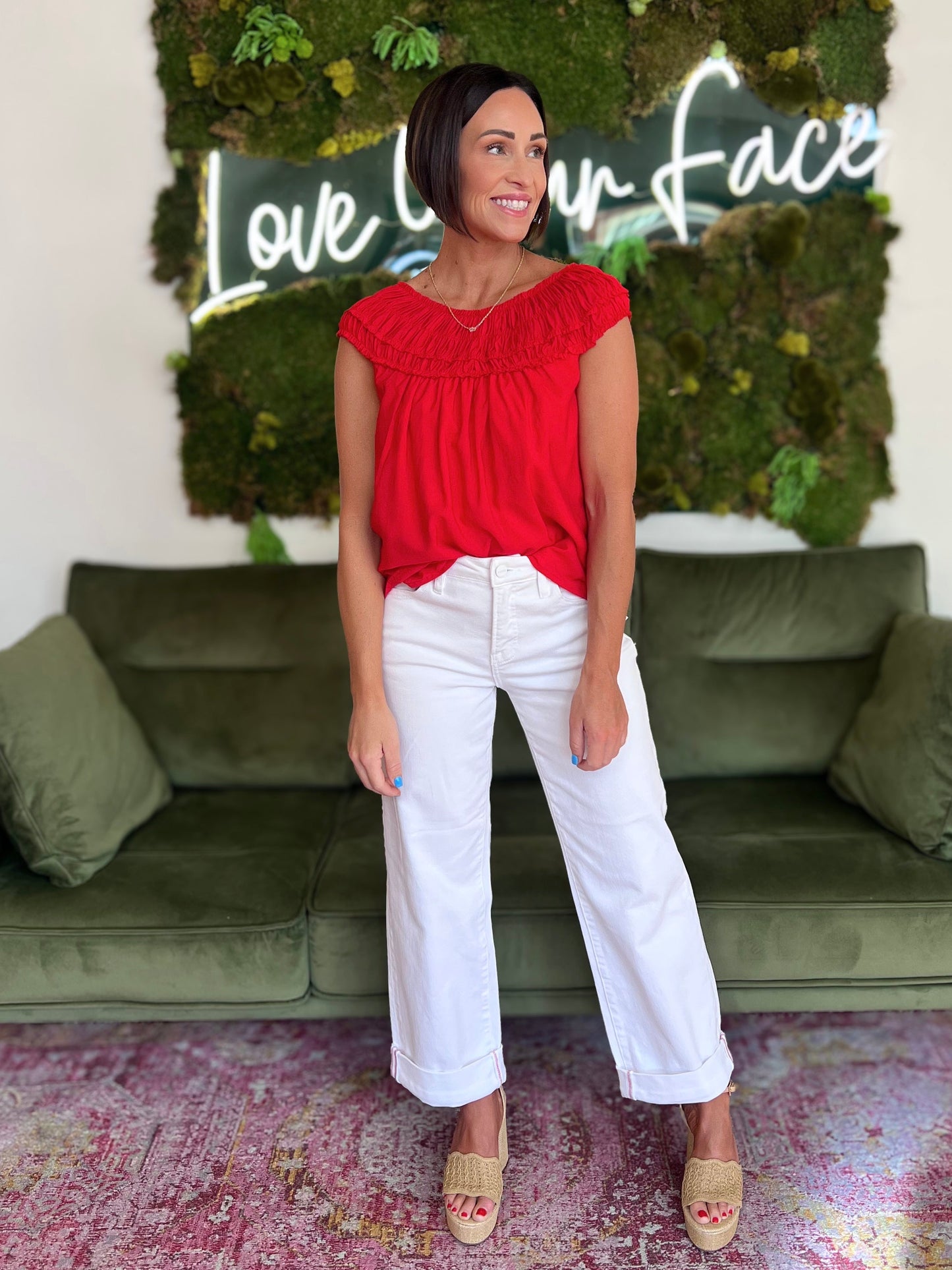 Red Sleeveless Smocked Neck Top