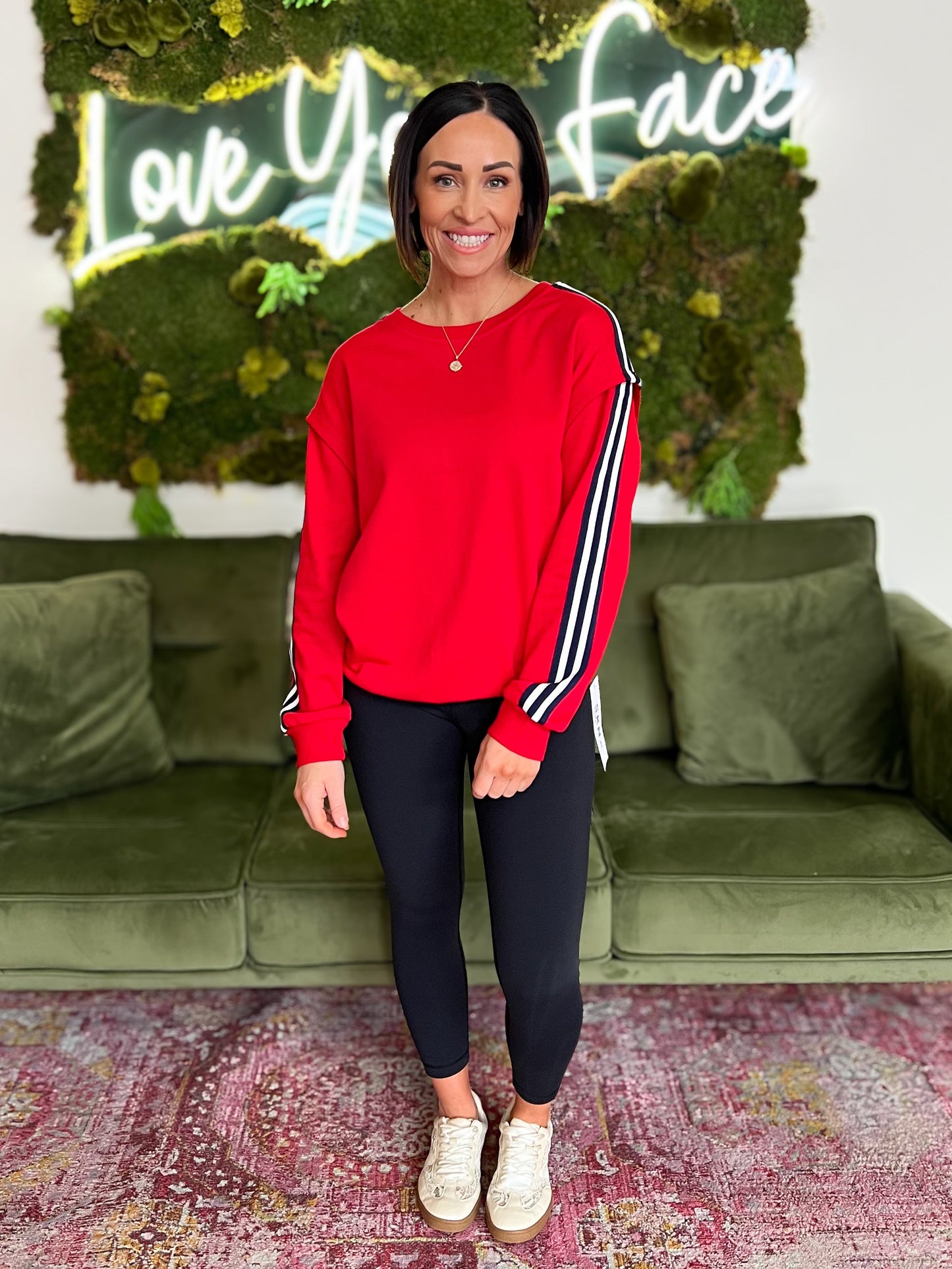Red Striped Trim Crewneck Sweatshirt