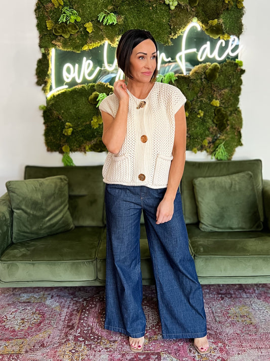 Cream Crochet Button Down Sweater Vest