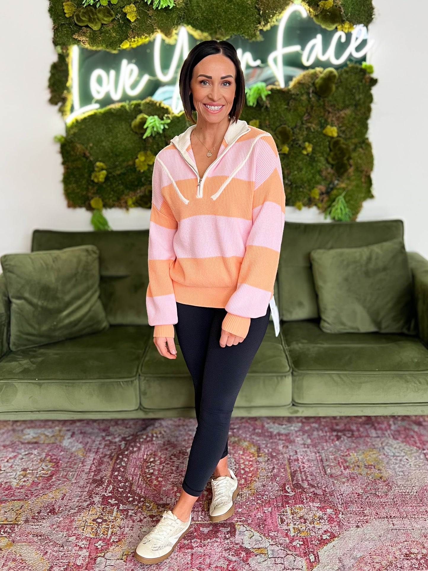 Orange/ Pink Stripe Half Zip Oversized Sweater