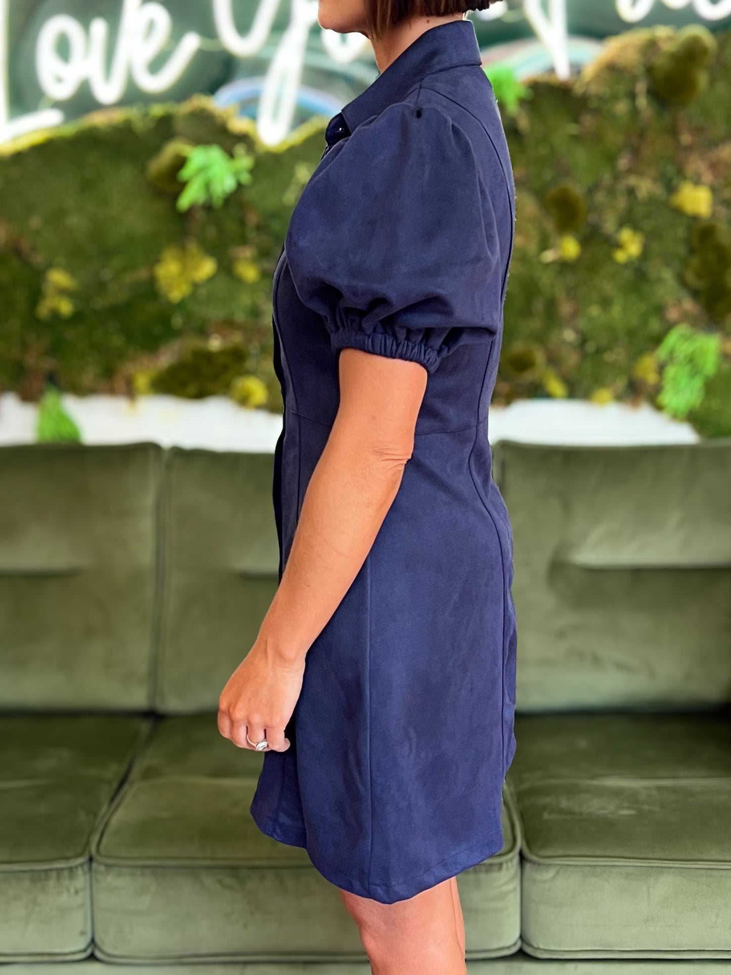 Navy Puff Sleeve Suede Mini Dress