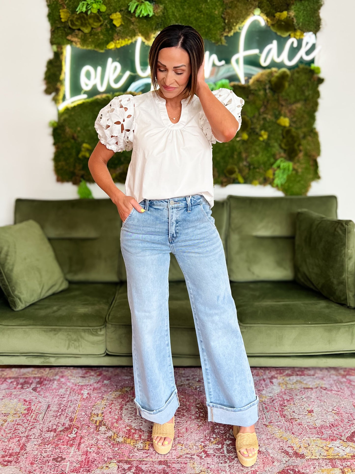 White Eyelet Puff Sleeve V-Neck Top