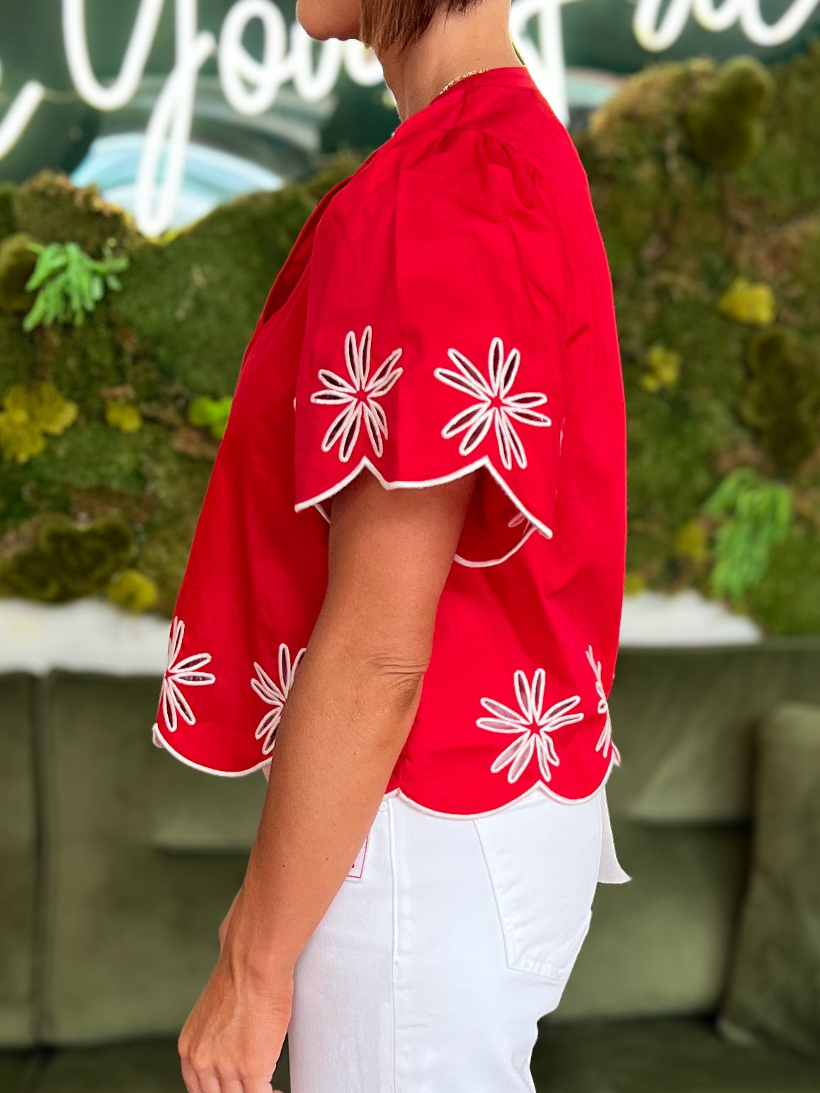 Red Embroidered Scalloped Top