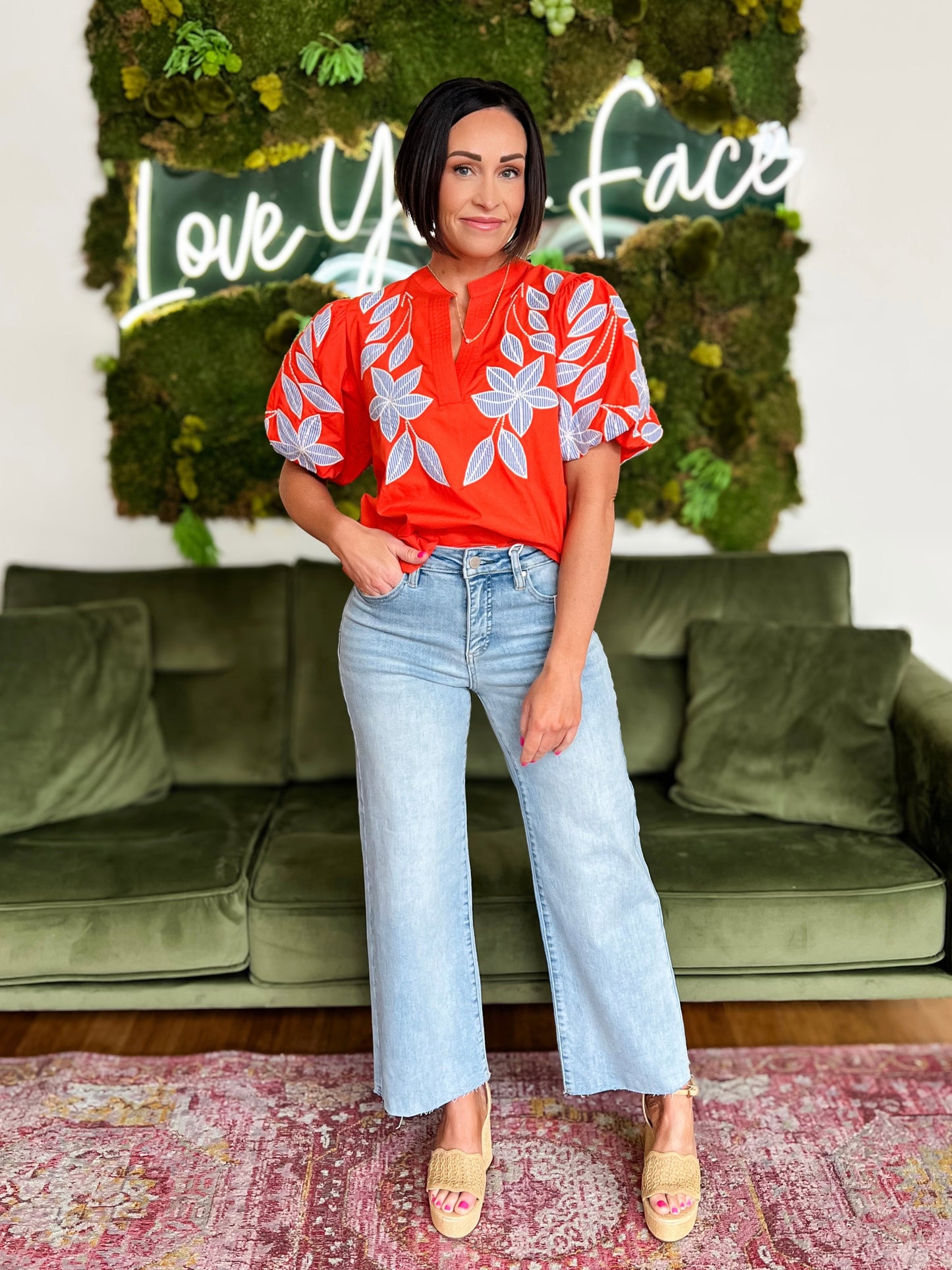 Orange Puff Sleeve Embroidered Detail Top