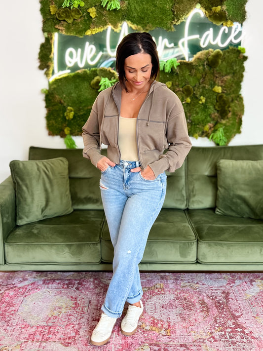 Olive Vintage Washed Zip-Up Hoodie