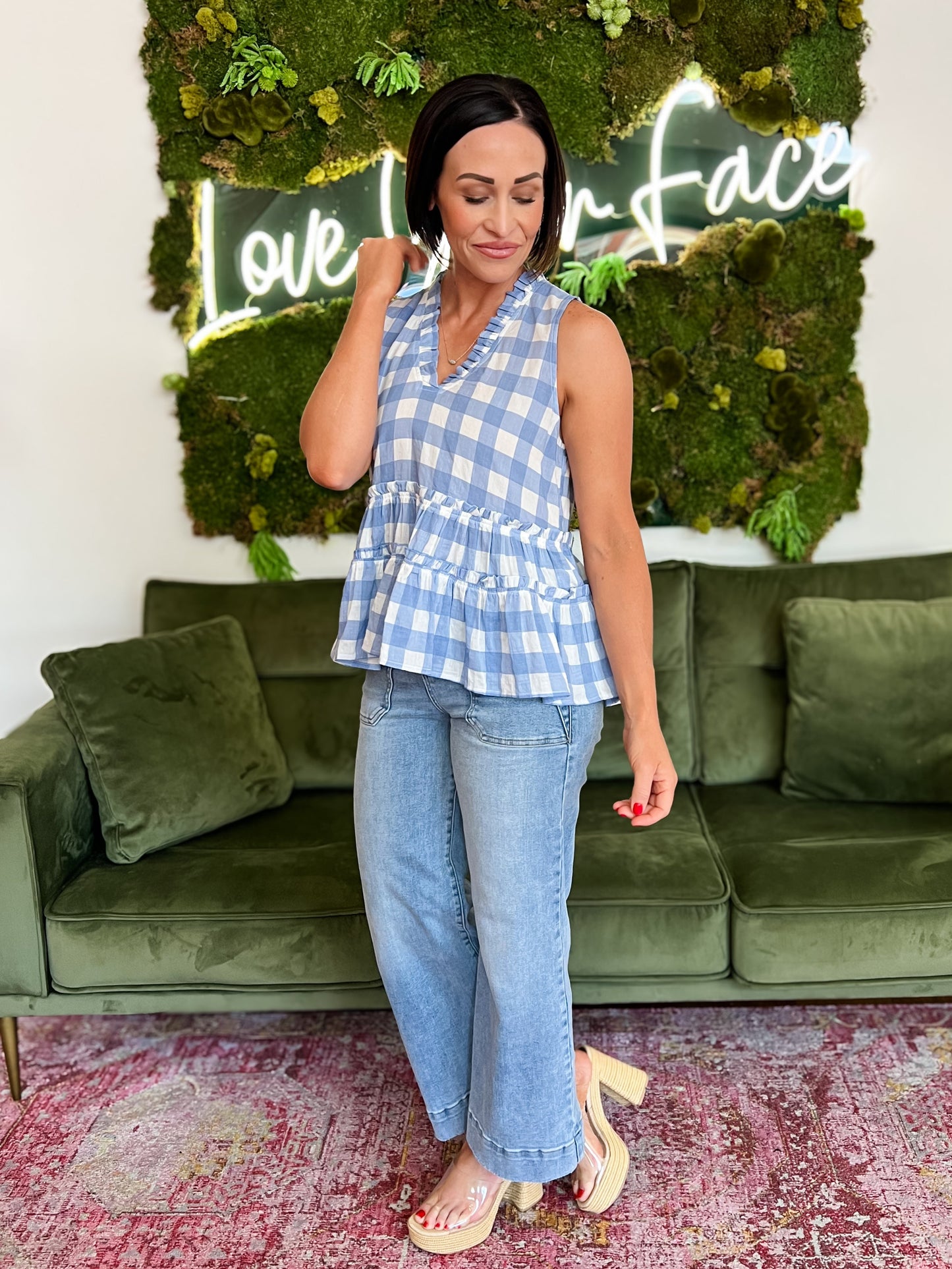 Blue and White Checkered Baby Doll Top