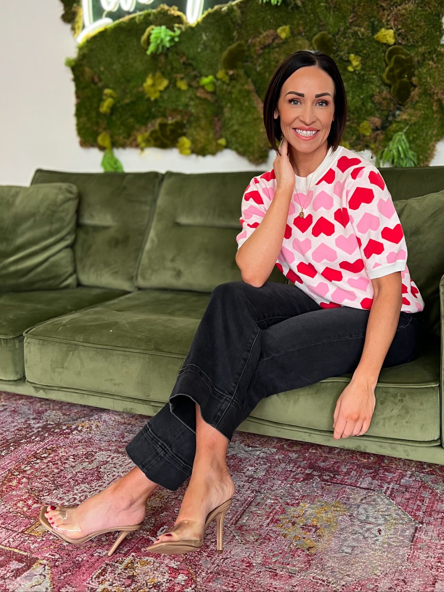 2-Tone Heart Print Short Sleeve Sweater