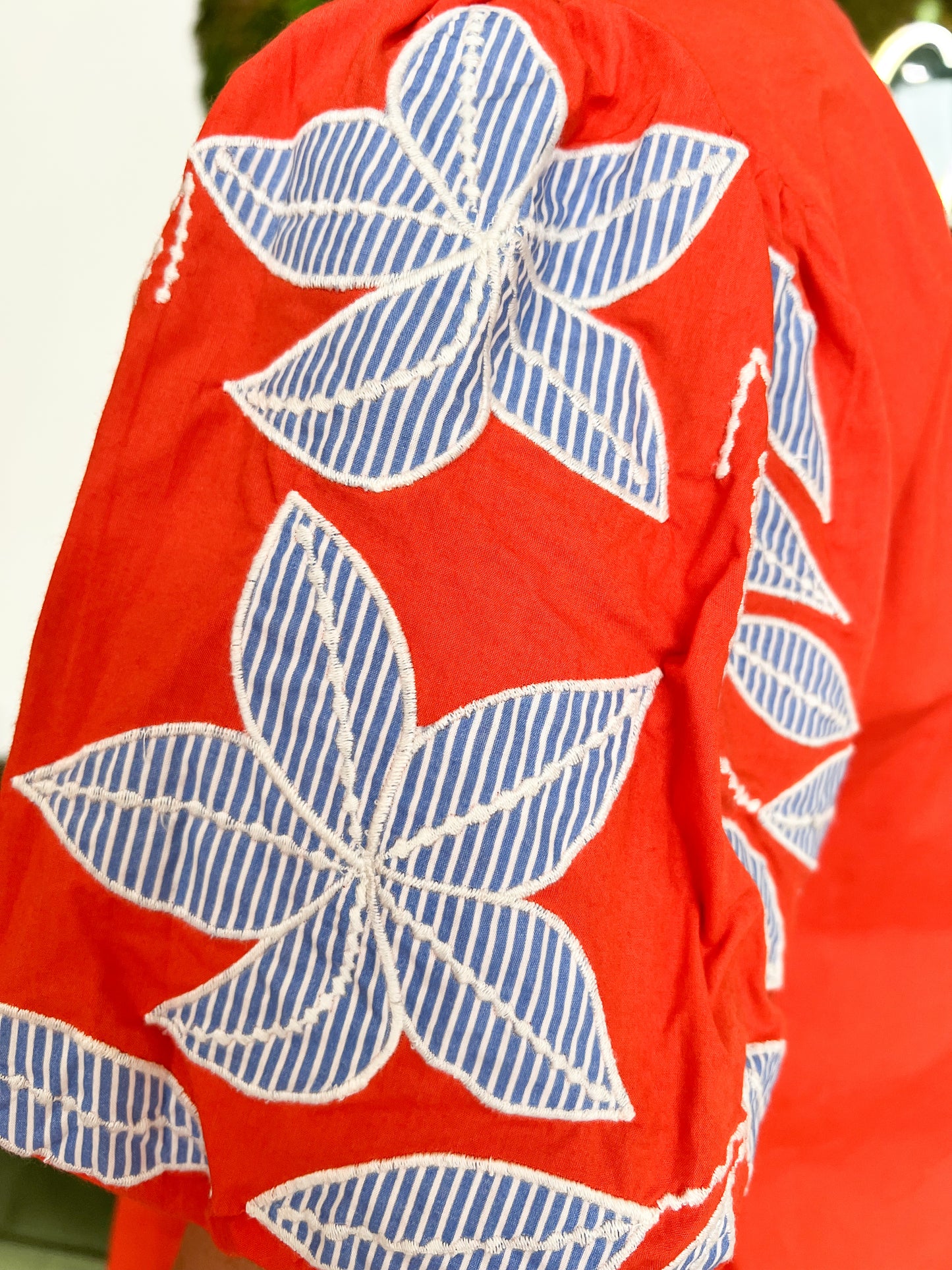 Orange Puff Sleeve Embroidered Detail Top