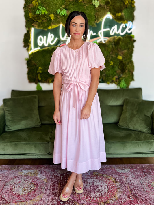 Pink Pintuck Detail Tie Waist Midi Dress
