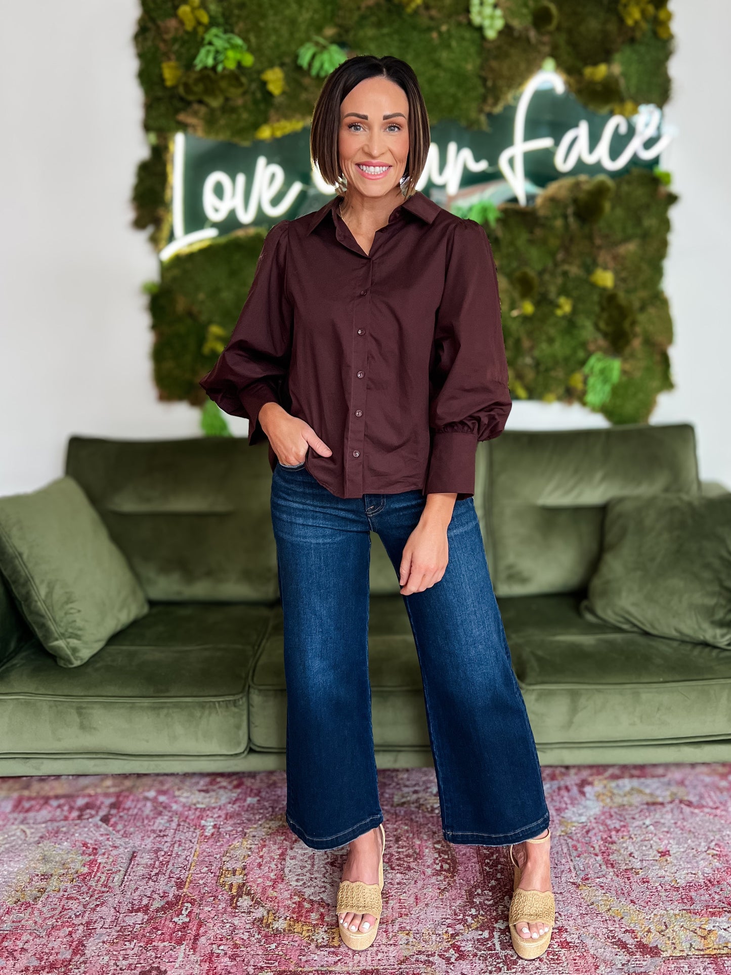 Brown Puffed Sleeve Button Down Top