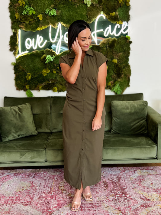 Olive Cap Sleeve Ruched Button Down Midi Dress