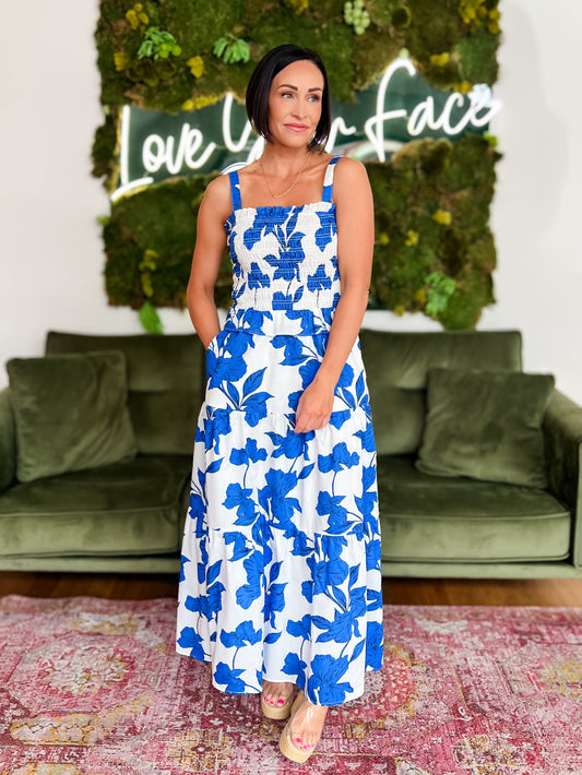 Blue/ White Floral Smocked Maxi Dress