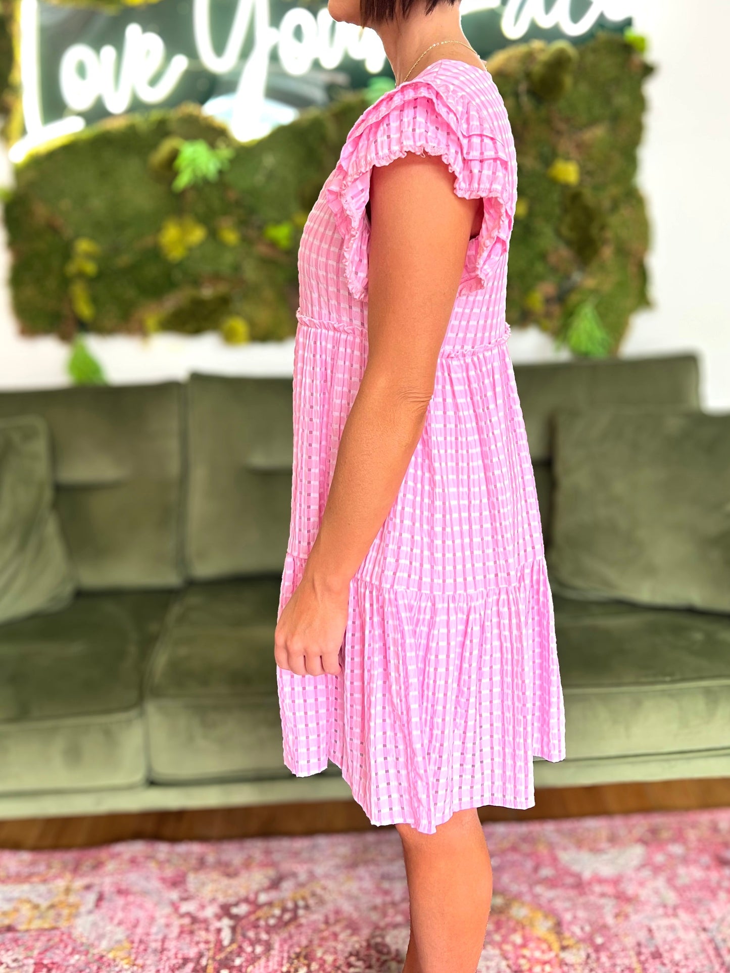 Pink Flutter Sleeve Pattern Dress