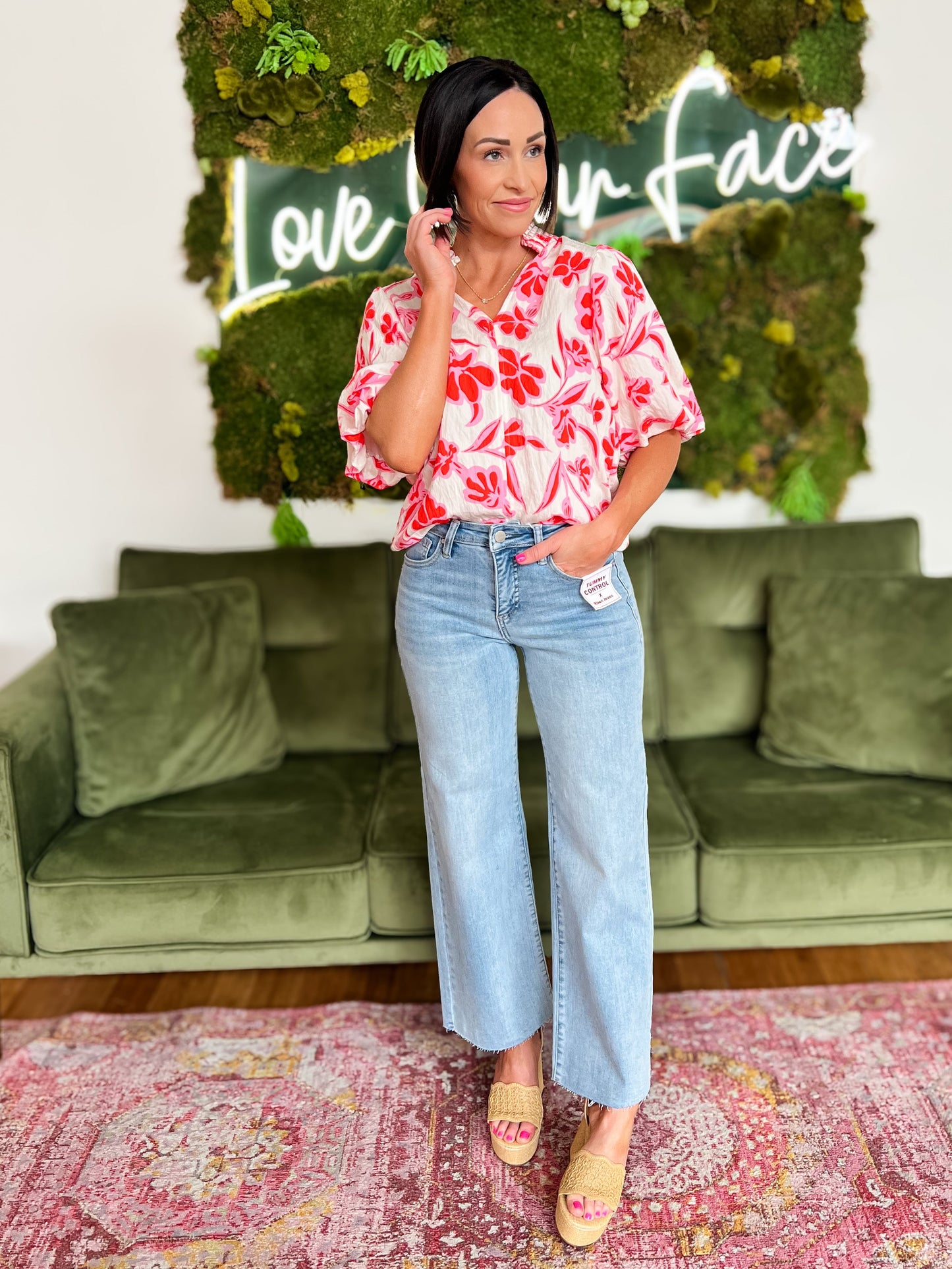 Pink Floral Print Puff Sleeve Top