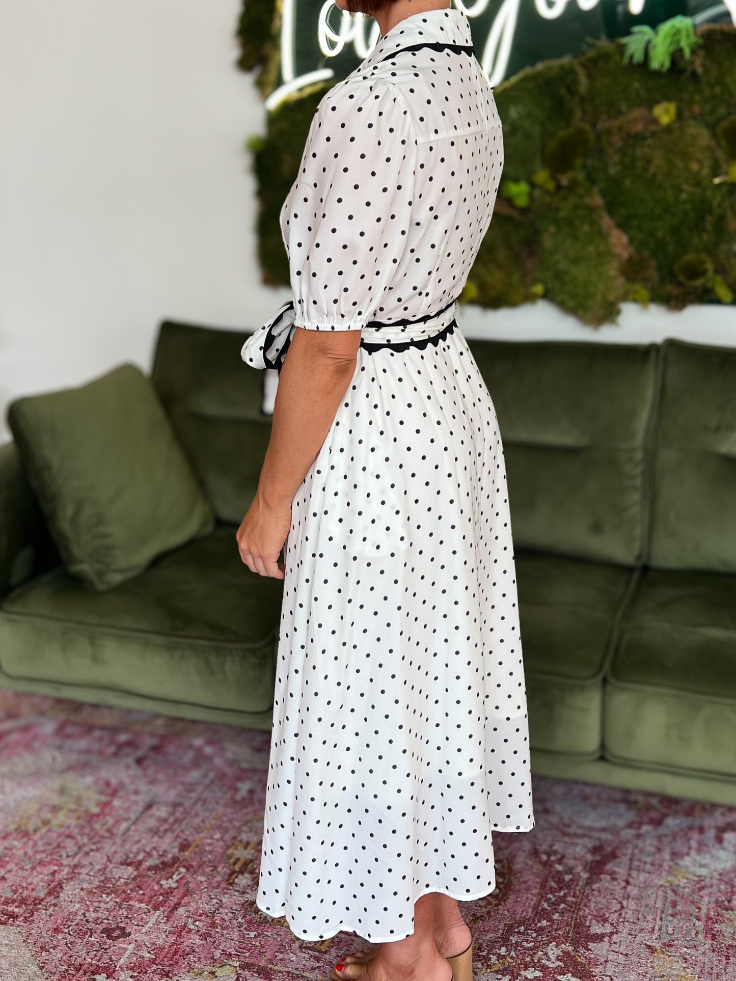 Cream/ Black Polka Dot Belted Midi Dress