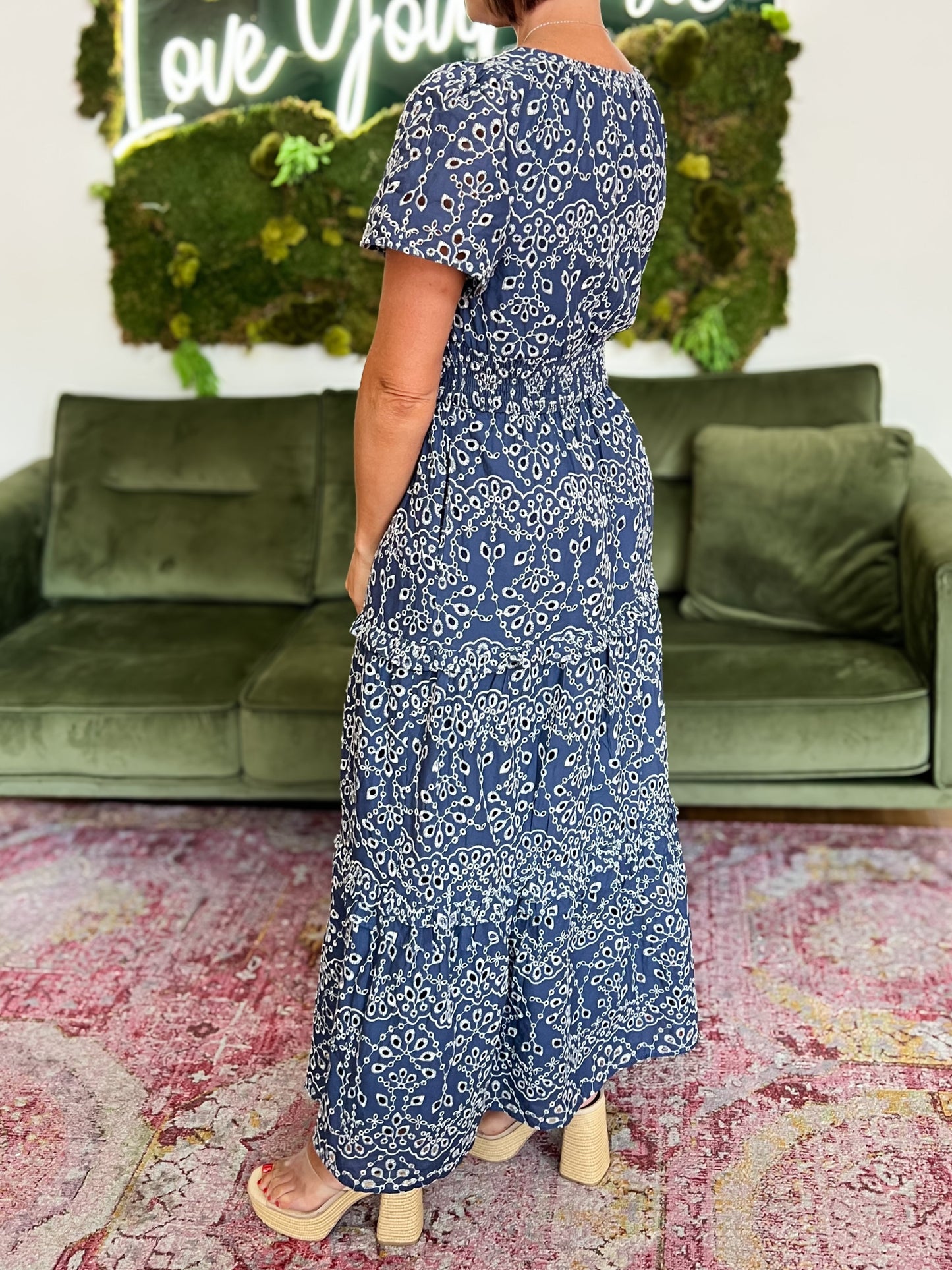 Navy Eyelet Poplin Tiered Maxi Dress