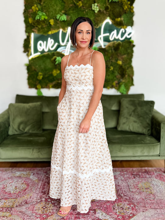 Taupe Floral Eyelet Maxi Dress