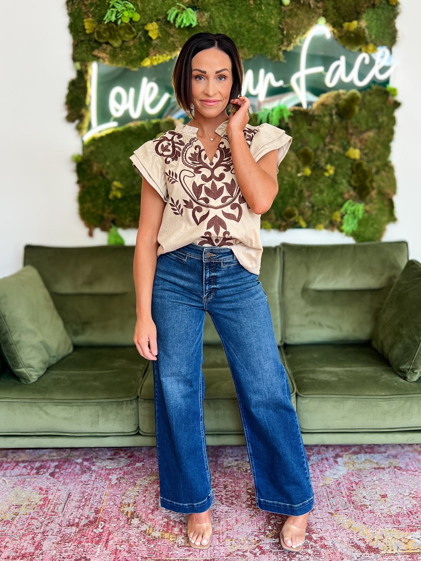 Cream Suede Flutter Sleeve Top