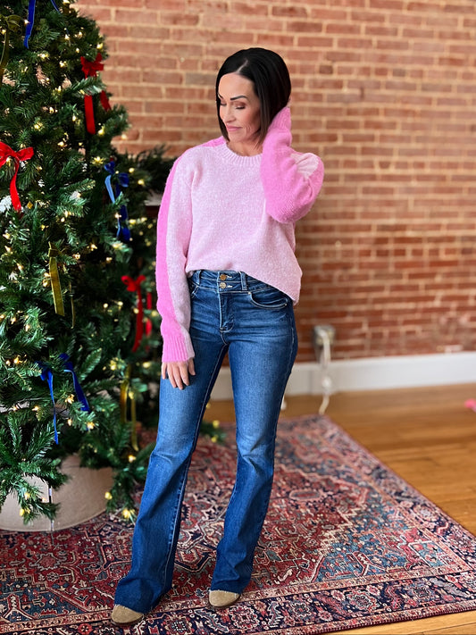 Pink Color Block Pink Sweater