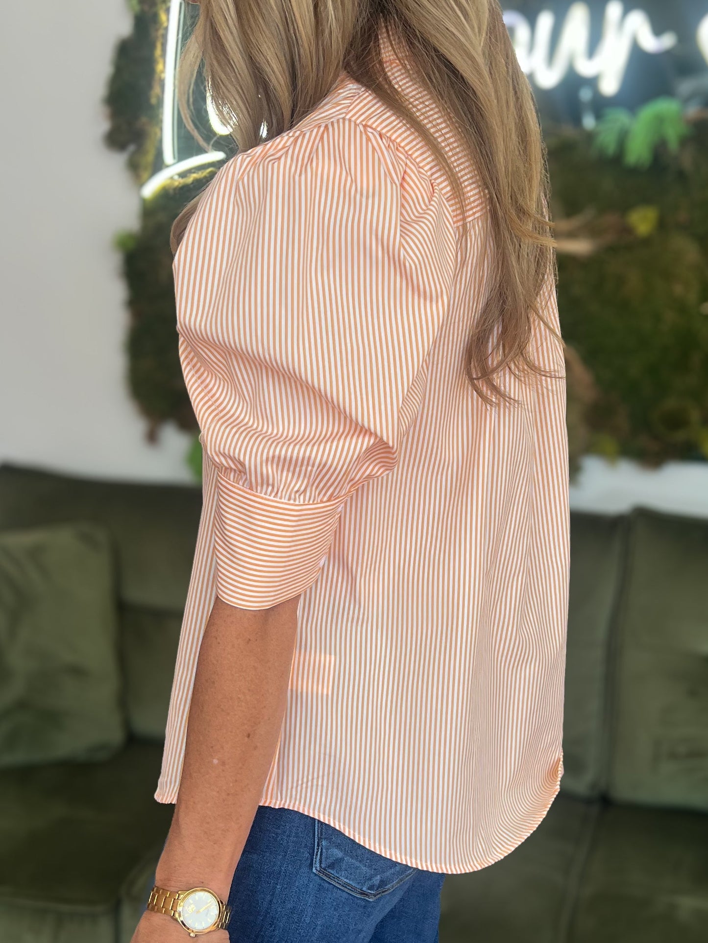 Orange Striped Puff Short Sleeve Top